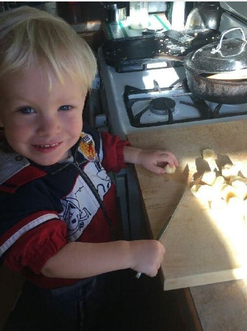Gabe's first time slicing bananas - toddlers cooking