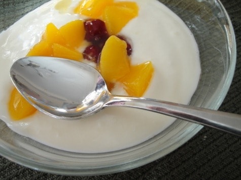 A bowl of homemade yogurt topped with fruit in a bowl.